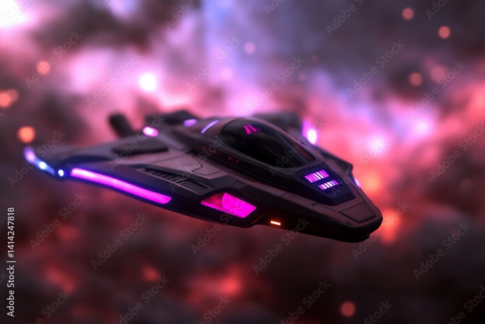 Poster futuristic spaceship flying through a vibrant nebula illuminated with pink and blue lights creating 