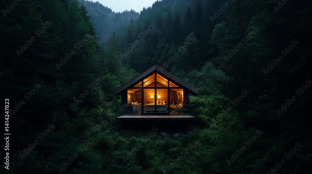 Poster A cozy cabin nestled deep within a lush forest bathed in soft ambient lighting. The architecture is a blend of natural materials with a warm inviting glow