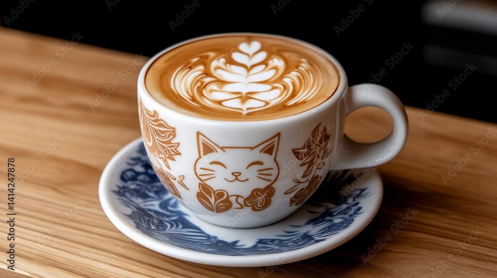 Poster Close-up of a coffee cup with latte art on a wooden surface featuring a cat design and intricate patterns