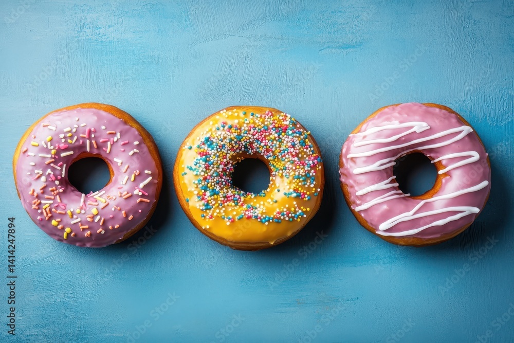 Poster three donuts with different toppings arranged on a blue surface creating a sweet and colorful displa