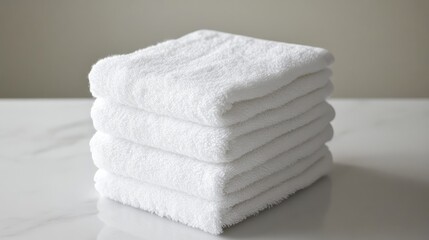 Stack of fluffy white towels on a freshly cleaned countertop in a bright room