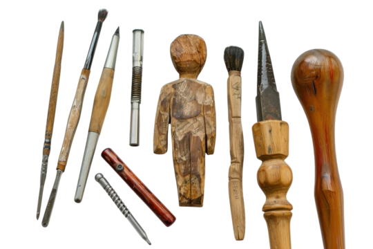 Artisan tools arranged artfully with a wooden carving of a figure on a neutral background isolated on transparent background