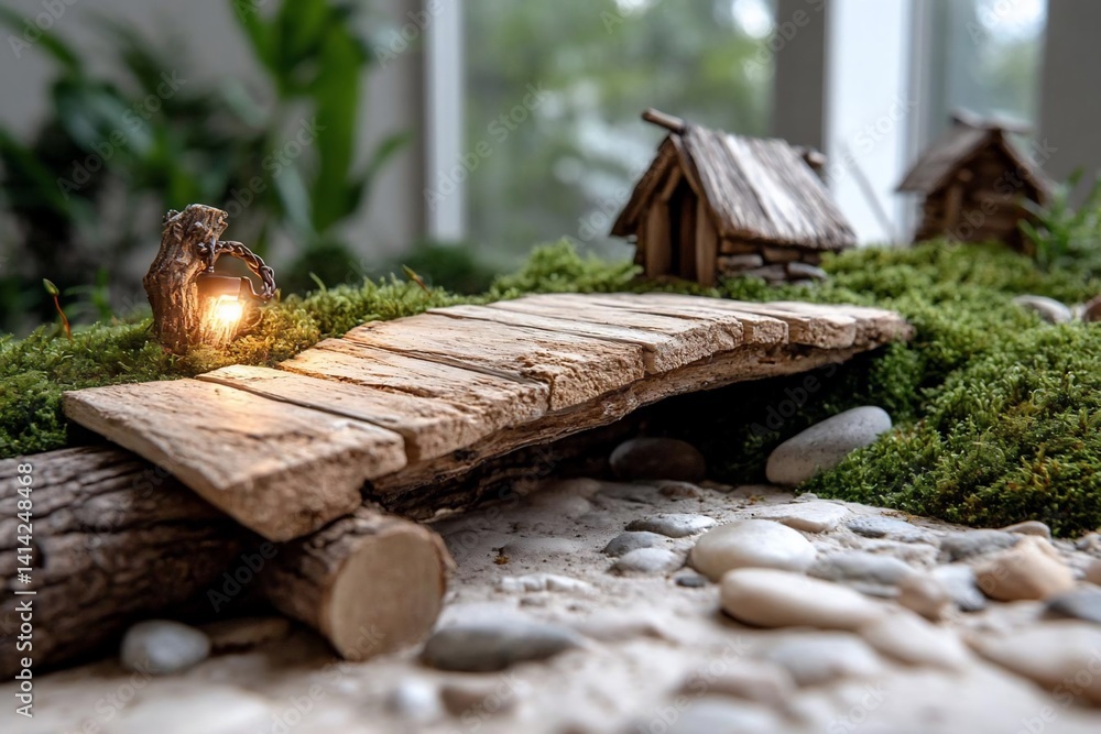 Aufkleber miniature diorama of a wooden bridge and rustic structures set within a mossy landscape with soft li