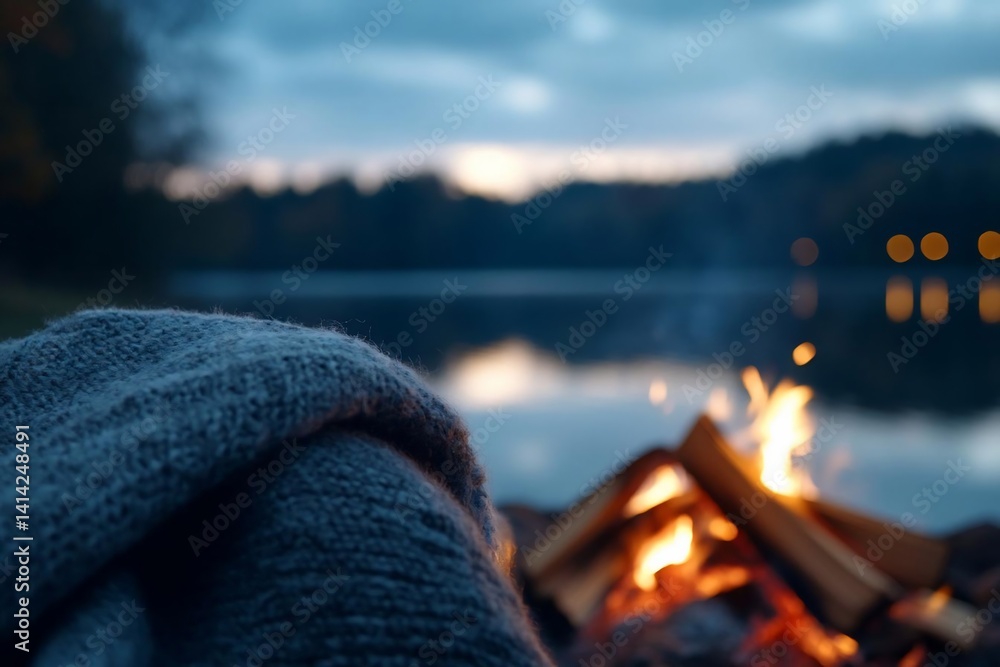 Aufkleber cozy outdoor scene featuring a knitted blanket near a campfire with a serene lake and trees in the b