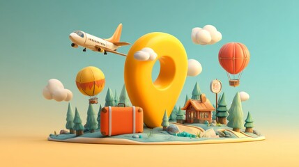 Fototapeta premium Whimsical Travel Destination: Charming 3D Render of Airplane, Balloons, and Location Pin