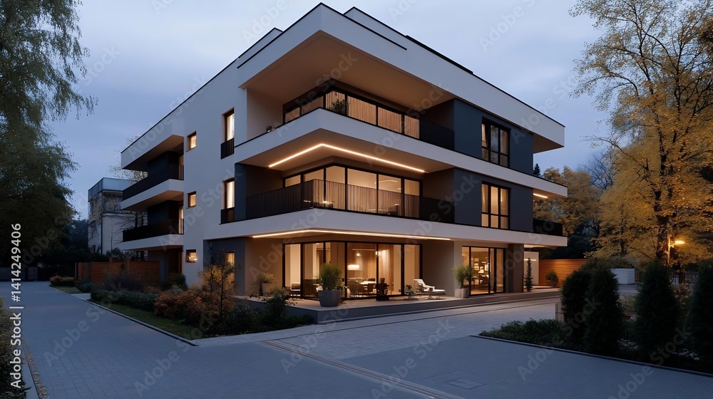 Aufkleber Generic multi-story residential building with illuminated windows and entrance at dusk surrounded by trees with gray pavement pathway