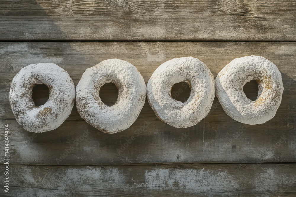 Poster four powdered donuts arranged in a row on a rustic wooden surface creating a simple sweet treat scen