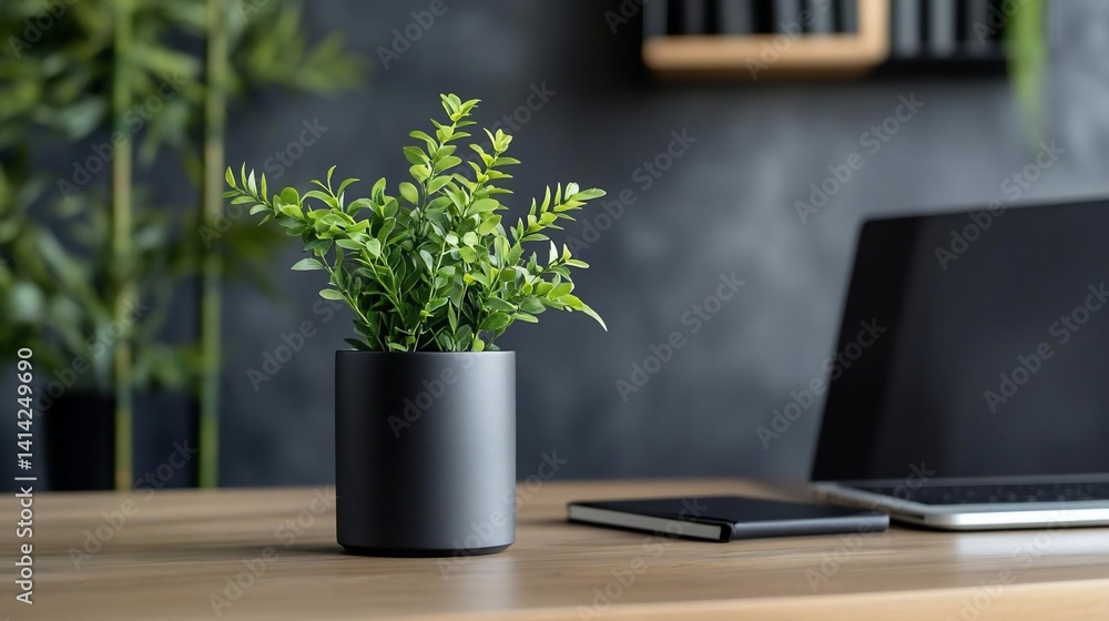 Aufkleber Office desk scene with a potted plant a laptop and a notebook against a dark background creating a modern minimalist workspace