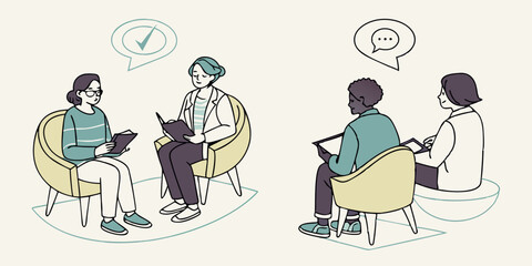 Therapy Session Vector Illustration with Checkmark and Chat Bubbles