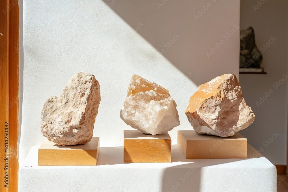 Aufkleber three mineral specimens displayed on wooden blocks against a textured white wall under bright sunlig