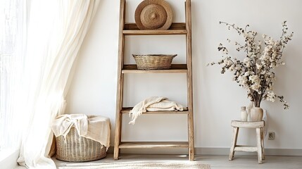 Wooden ladder shelf leaning against a white wall with open shelves for decor