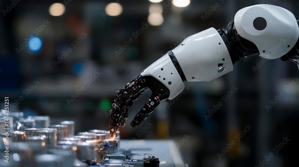 Aufkleber a robotic arm with a white and black design interacts with metallic components in an industrial sett