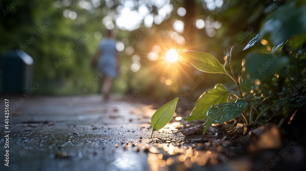 Poster sunlight illuminates leaves and a path with a blurred figure in the background after a rain shower