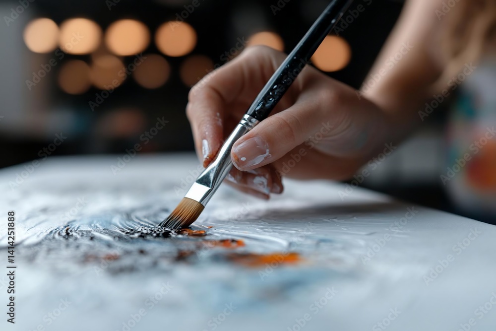 Poster Close up shot of a hand holding a paintbrush applying paint to a canvas surface. Focus on details of the brushstrokes and artistic creation process. Blurred background creates depth of field and