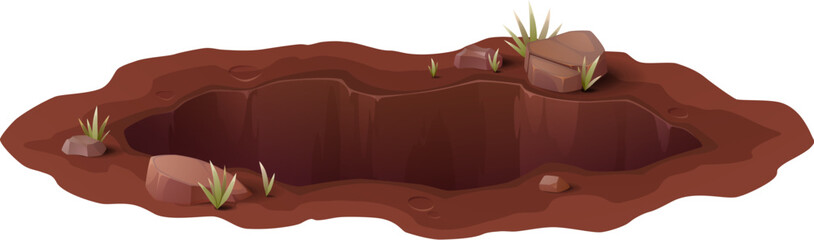 Hole in ground or burrow pit with deep dirty hollow, cartoon isolated vector. Deep dig burrow in ground with stone rocks or pebbles with grass on edges, underground manhole or hollow pit hole