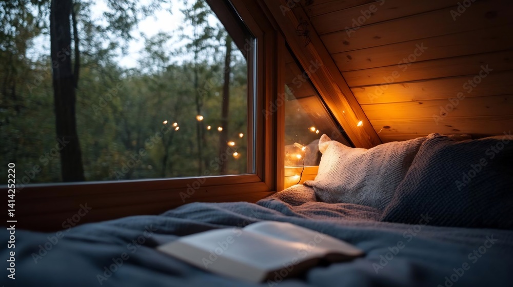 Poster cozy interior scene featuring a book on a bed near a window overlooking a forest. soft textures and 