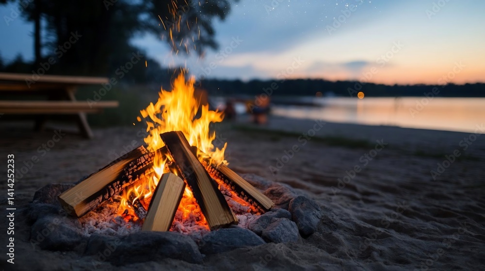 Poster a campfire blazes on a sandy beach under twilight skies with the backdrop of a lake and a picnic tab