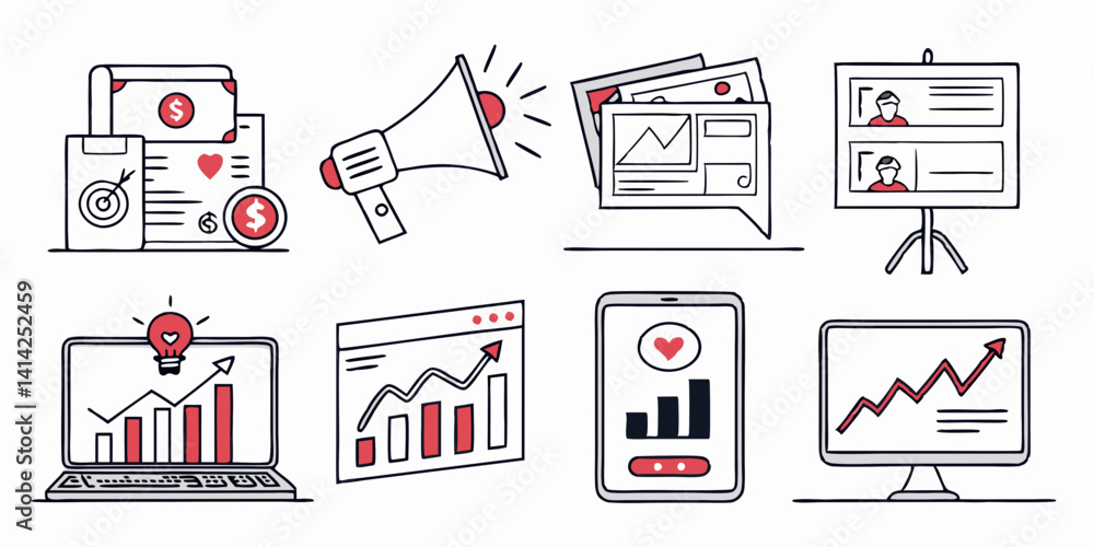Poster digital marketing strategy icons vector line art style charts graphs megaphone presentation devices 