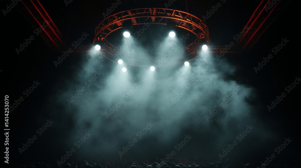 Poster Dramatic stage lighting illuminates a foggy environment featuring a circular array of bright lights and a shadowy crowd in the background