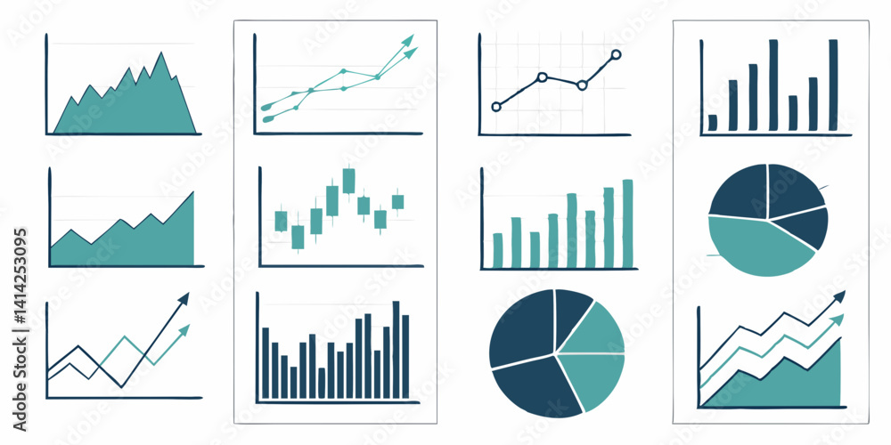 Poster vector business charts and graphs line bar pie area candlestick data visualization analytics