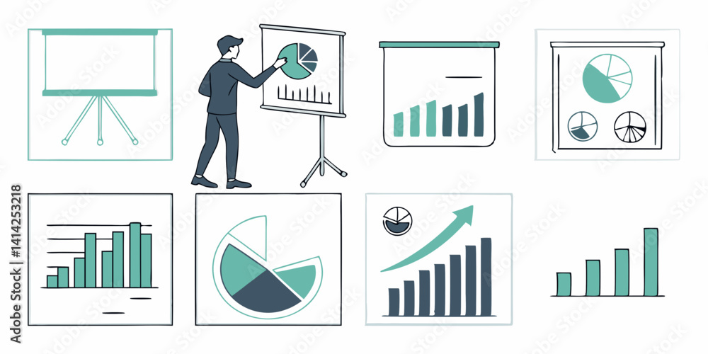 Aufkleber teal cartoon business presentation charts graphs pie bar flipchart illustrations data analysis infog