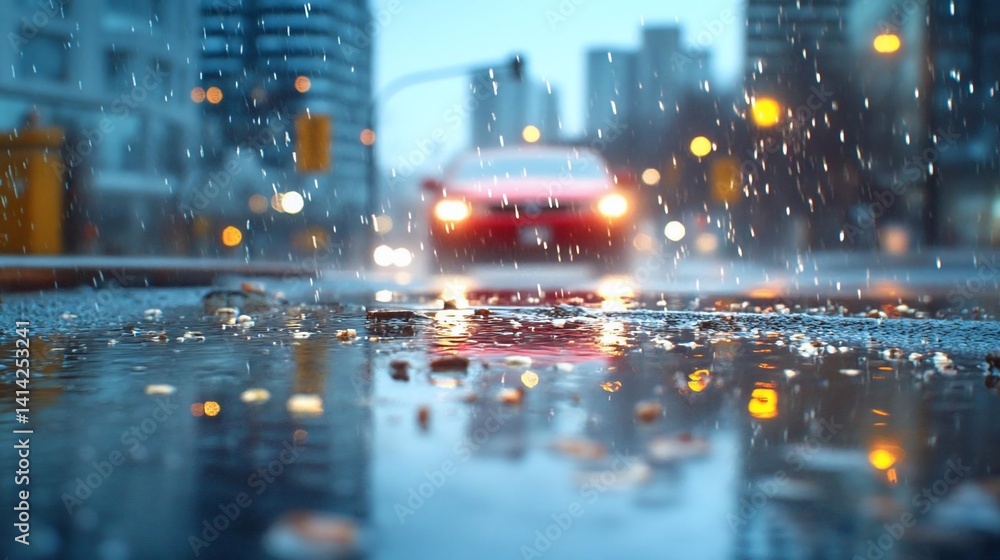 Poster rainy urban scene with a red car driving on a wet road reflecting lights and a shallow depth of fiel