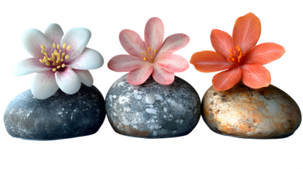 Stone and flower combination elements, natural realistic, isolated on white background