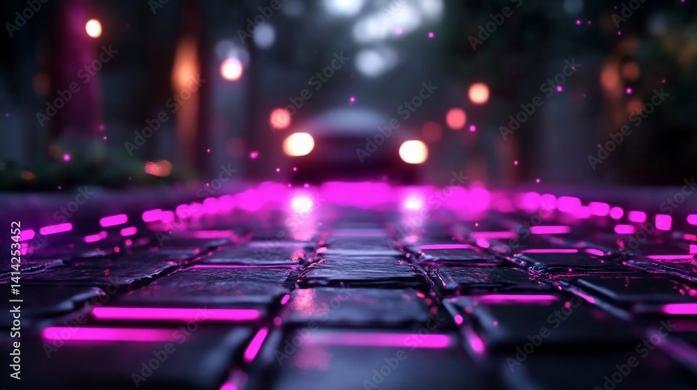Poster road paved with illuminated purple bricks leading towards a blurred vehicle surrounded by bokeh ligh