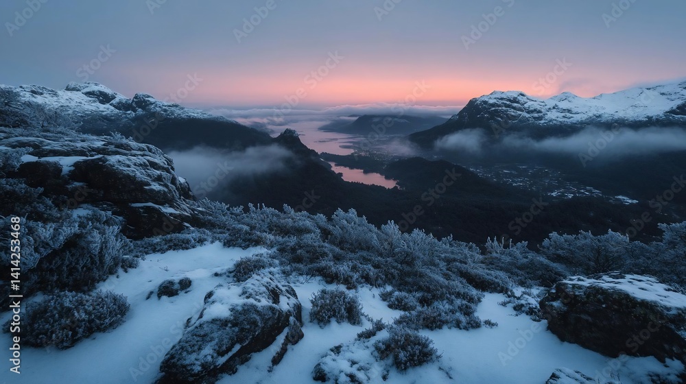 Aufkleber Snow covered mountain landscape with a pastel sunset sky over a valley filled with fog and a lake. Frost covers the foreground adding depth and texture