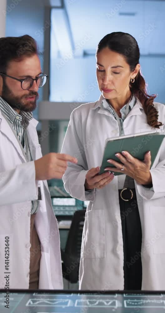 Poster healthcare, scientist and group with tablet, lab and medical research with interactive display and o