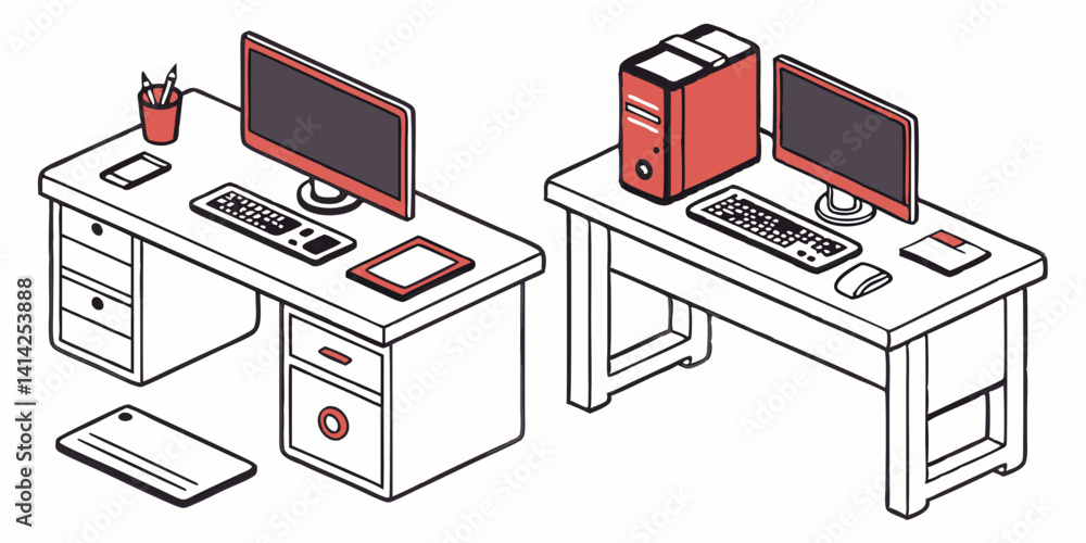 Poster isometric office desks with computer workstations and accessories - simple line art workspace furnit