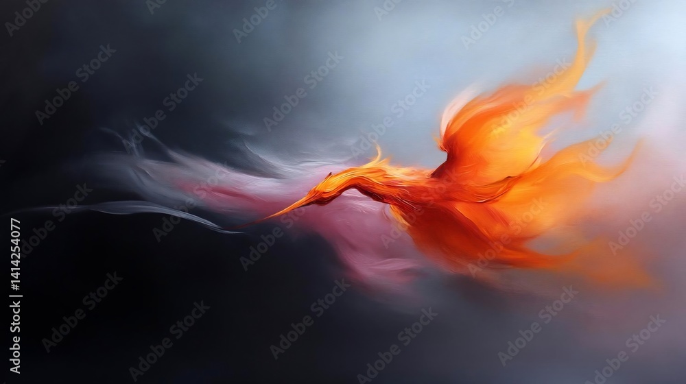 Poster Fiery bird soaring against a dark gradient backdrop showcasing vibrant orange and red hues creating a dynamic and artistic composition
