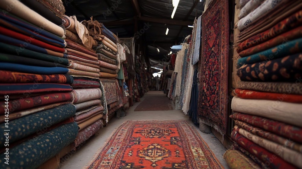 Poster a narrow aisle showcases stacks of vibrantly patterned rugs in a market setting. the scene is illumi