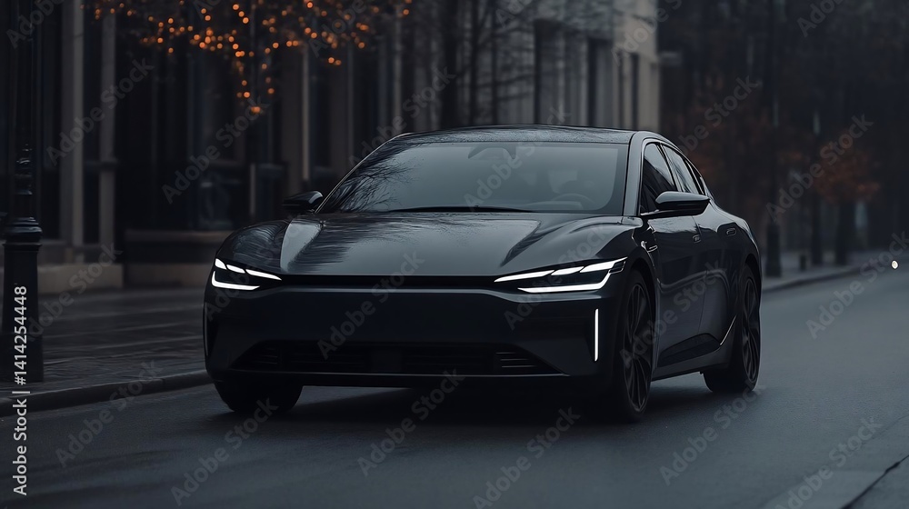 Poster sleek black vehicle parked on a wet street during twilight. soft lighting illuminates the vehicle an
