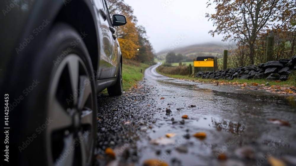 Poster a wet road curves through a misty landscape with a parked vehicle in the foreground featuring wheel 