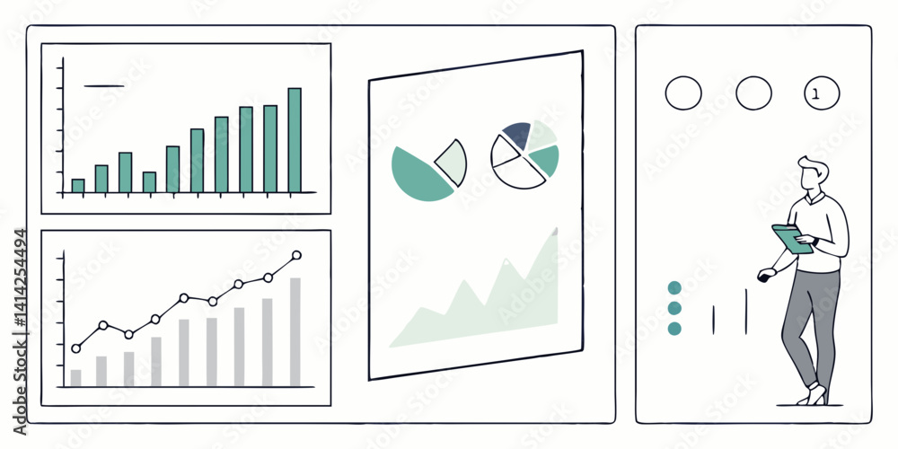 Poster business data analysis presentation with charts and graphs flat vector