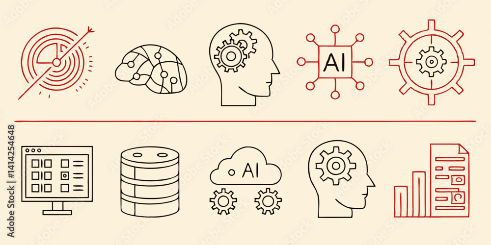 Poster ai machine learning technology vector icons - data brain cloud gears beige