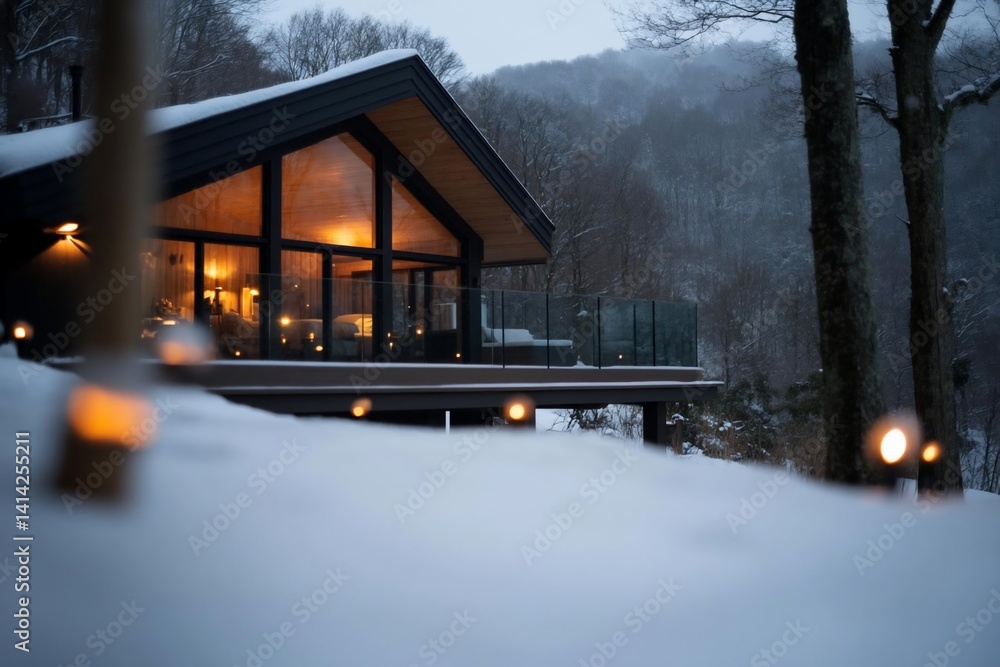 Poster a cozy wooden cabin illuminated from within amidst a snowy winter landscape. snow-covered ground, so