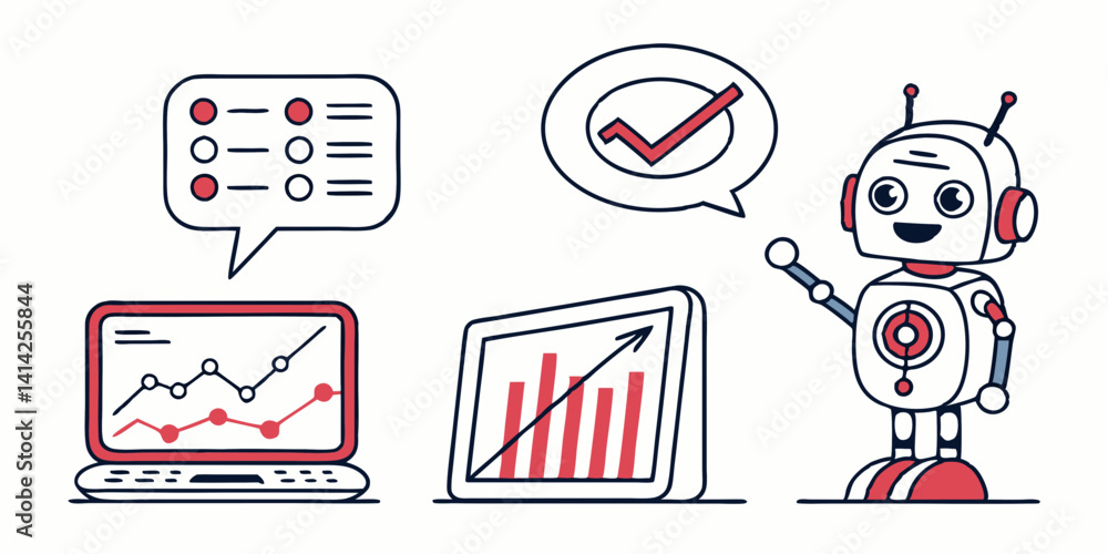 Aufkleber cartoon robot business data analysis charts checkmark vector