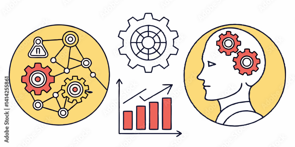 Poster machine learning ai concept gears head network line art