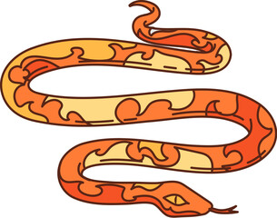 Cartoon groovy wild west western coiled snake with an orange and yellow patterned body, Isolated vector desert reptile animal represents danger, stealth, and the wild nature of the western frontier