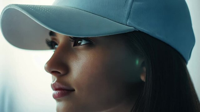 Stylish young woman with a baseball cap poses for a stunning close-up shot
