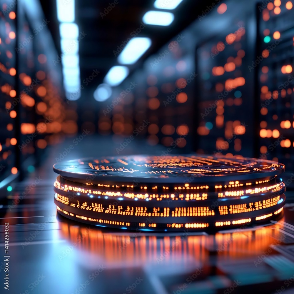 Poster A data server room with a digital platform illuminated by orange lights creating futuristic atmosphere