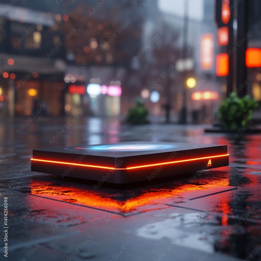 Aufkleber Futuristic illuminated platform on wet city street reflecting neon lights. Atmospheric outdoor scene with blurred background featuring a technological object