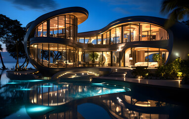 Modern coastal residence with stunning architecture and tranquil pool at sunset in tropical setting