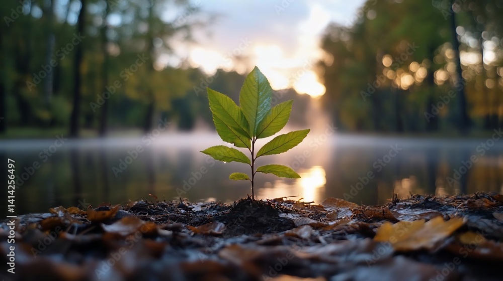 Leinwandbilder close-up of a small plant with green leaves growing in dark soil with a blurred lake and forest in t