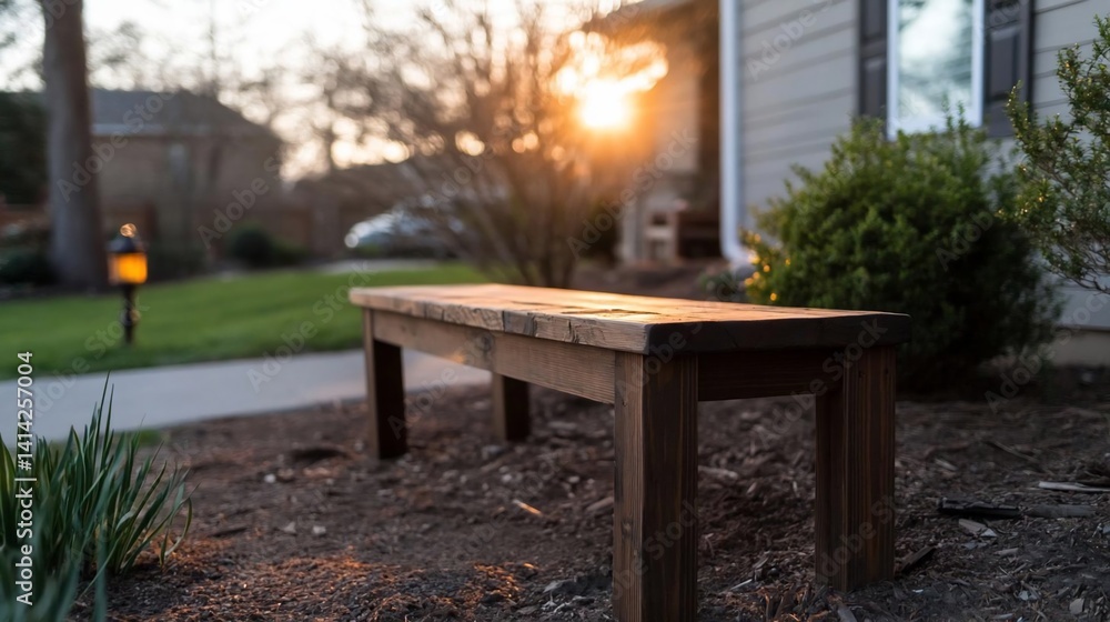 Poster Wooden bench in a garden with soft focus. Warm sunlight streams through trees. Brown bench on soil with green grass and plants. Golden hour setting