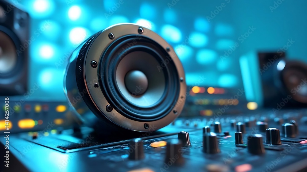 Poster Close-up of a black speaker with metallic accents on a sound mixing console in a studio setting. Illuminated by blue and white lights creating a futuristic atmosphere