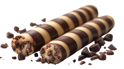 Three wafer rolls with brown stripes isolated on white background, HD and realistic