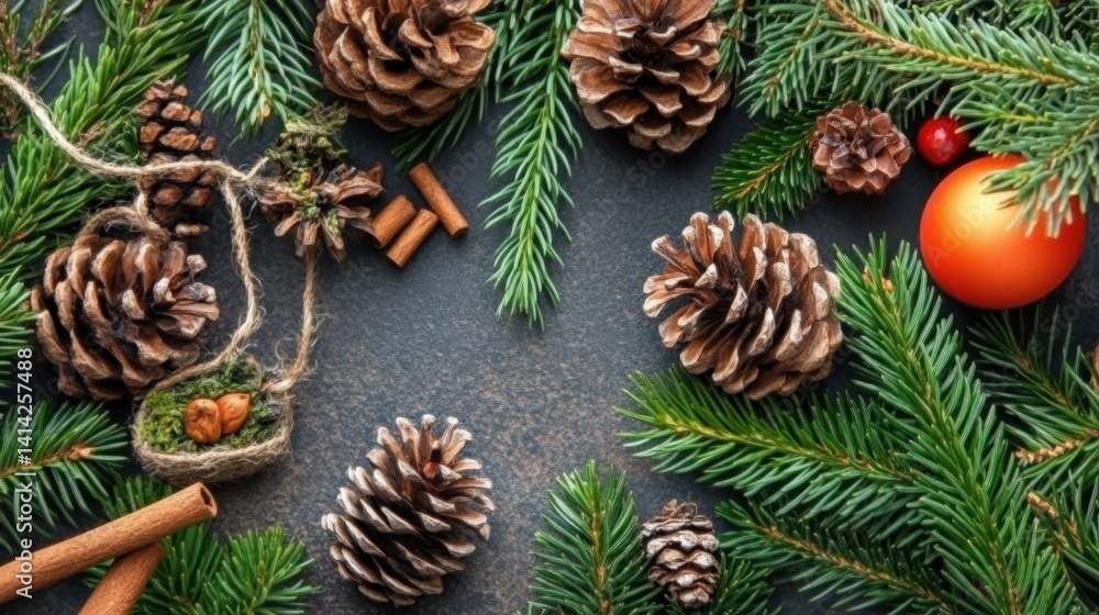Aufkleber a collection of pine cones and cinnamon sticks arranged on a black background creating a rustic natu